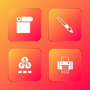 Set Roll of paper, Paint brush, RGB color mixing and Printer icon. Vector 스톡 일러스트