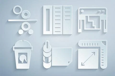 Set Roll of paper, Plotter, Coffee cup to go, Paper size, Brochure and roll 스톡 일러스트