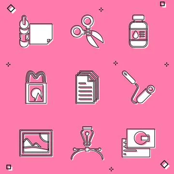 Set Roll of paper, Scissors, Printer ink bottle, Paper shopping bag, File イラスト素材