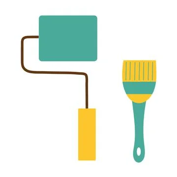A set of a roller and a brush for painting in construction or repair. Isolated Stock Illustration