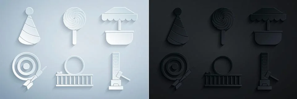 Set Roller coaster, Attraction carousel, Classic dart board and arrow, High Stock Illustration