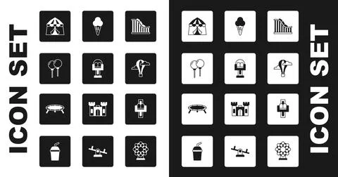 Set Roller coaster, Attraction carousel, Balloons with ribbon, Circus tent,.. Ilustración de archivo