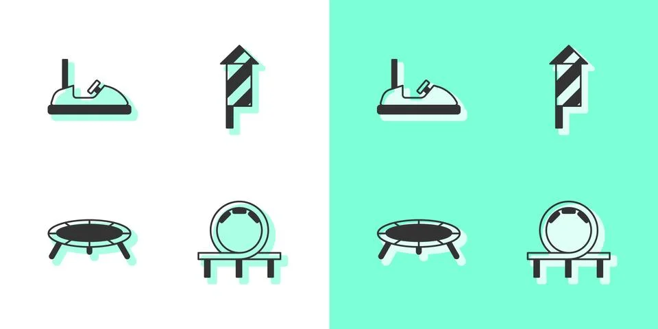 Set Roller coaster, Bumper car, Jumping trampoline and Firework rocket icon Illustrazione stock