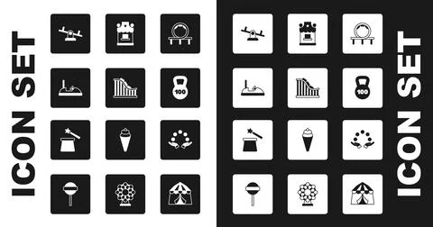 Set Roller coaster, Bumper car, Seesaw, Weight, Ticket box office, Juggling ball Ilustración de archivo