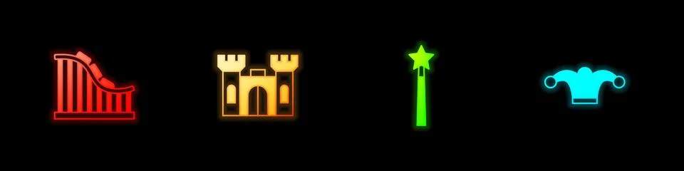 Set Roller coaster, Castle, Magic wand and Jester hat with bells icon. Vector 스톡 일러스트