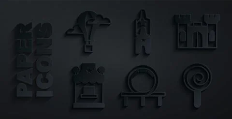 Set Roller coaster, Castle, Ticket box office, Lollipop, Circus ticket and Hot Ilustración de archivo