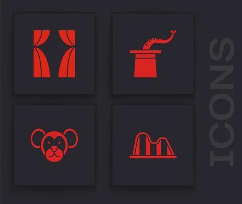 Set Roller coaster, Circus curtain raises, Magician hat and Monkey icon. Vector 스톡 일러스트
