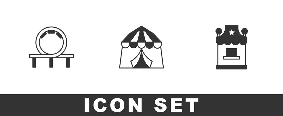 Set Roller coaster, Circus tent and Ticket box office icon. Vector Illustrazione stock