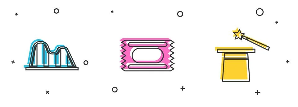 Set Roller coaster, Circus ticket and Magic hat and wand icon. Vector 스톡 일러스트