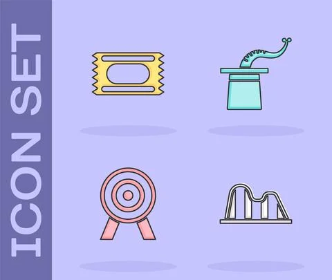 Set Roller coaster, Circus ticket, Target and Magician hat icon. Vector 스톡 일러스트