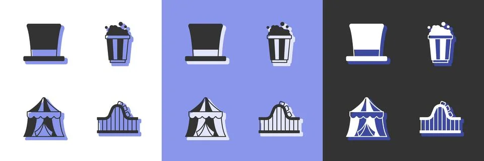 Set Roller coaster, Cylinder hat, Circus tent and Popcorn cardboard box ico.. Stockillustratie