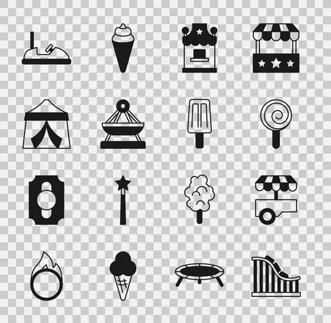 Set Roller coaster, Fast street food cart, Lollipop, Ticket box office, Boat Illustrazione stock