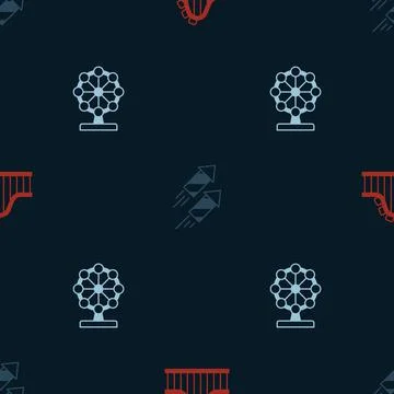 Set Roller coaster Firework rocket and Ferris wheel on seamless pattern. Vect Stock Illustration