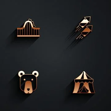 Set Roller coaster, Firework rocket, Bear head and Circus tent icon with lo.. Stock Illustration