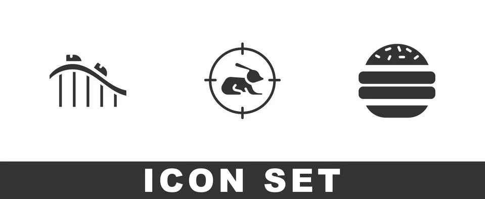 Set Roller coaster, Hunt on rabbit with crosshairs and Burger icon. Vector Illustrazione stock