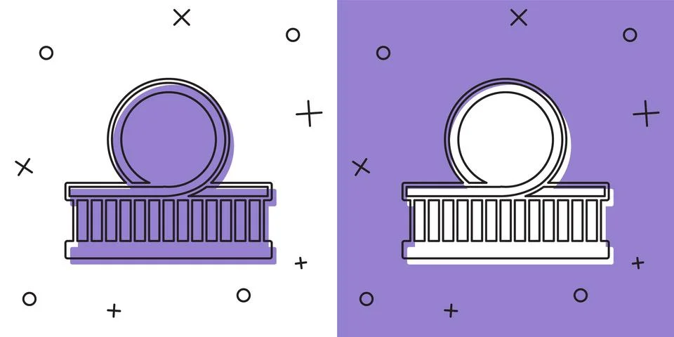 Set Roller coaster icon isolated on white and purple background. Amusement .. Illustrazione stock