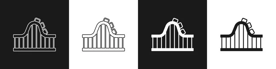 Set Roller coaster icon isolated on black and white background. Amusement p.. Stock Illustration