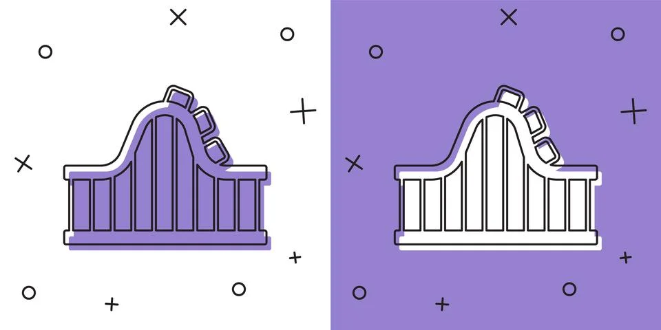 Set Roller coaster icon isolated on white and purple background. Amusement .. 스톡 일러스트