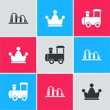 Set Roller coaster, Jester hat with bells and Toy train icon. Vector Stock Illustration