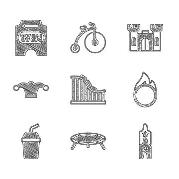 Set Roller coaster, Jumping trampoline, Circus ticket, fire hoop, Paper gla.. Stock Illustration