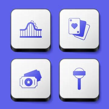 Set Roller coaster, Playing cards, Circus ticket and Lollipop icon. White s.. Stock Illustration