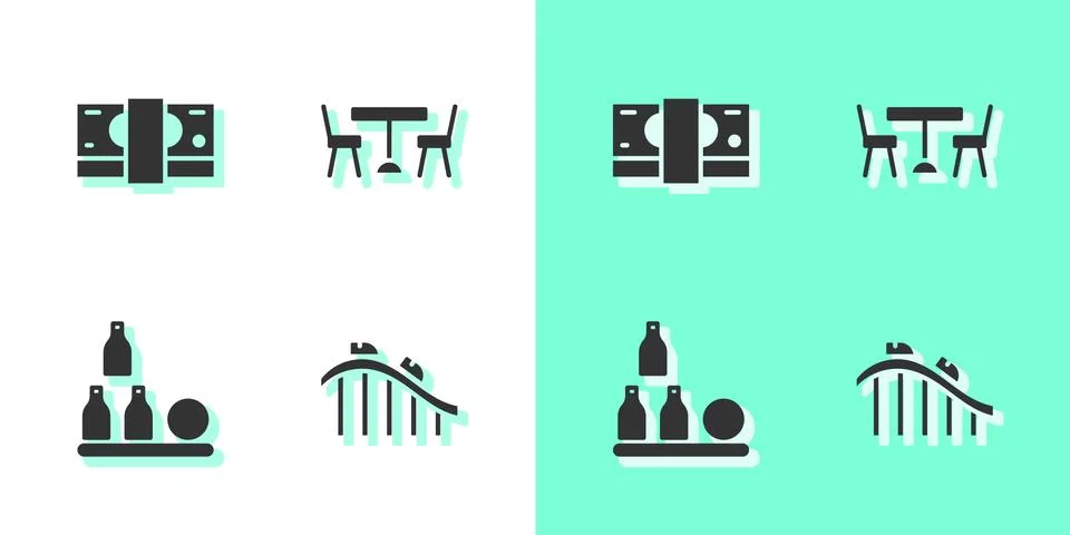 Set Roller coaster, Stacks paper money cash, Bottles ball and Picnic table with Ilustración de archivo
