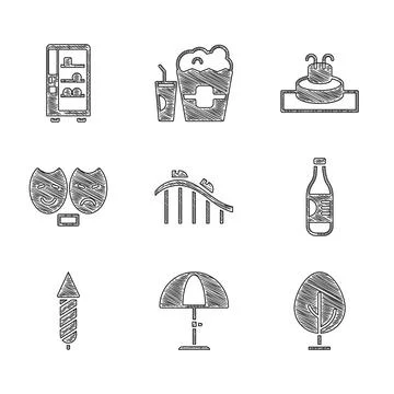 Set Roller coaster, Sun protective umbrella, Tree, Bottle of water, Firework Stock Illustration