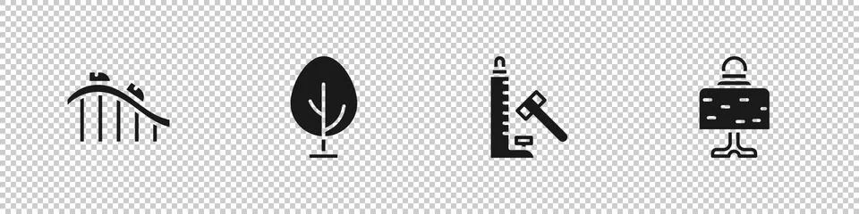 Set Roller coaster, Tree, Striker attraction with hammer and Magic ball table Stock Illustration