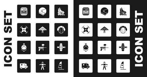 Set Roller skate, Hang glider, Drone flying, First aid kit, Parachute, Helmet Illustrazione stock