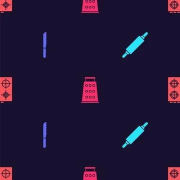 Set Rolling pin, Bread knife, Grater and Gas stove on seamless pattern. Vector Stock Illustration