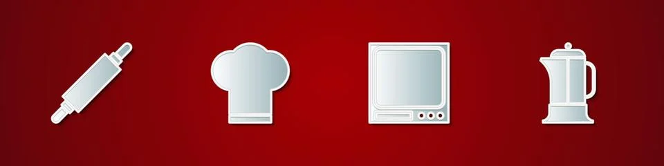 Set Rolling pin, Chef hat, Electronic scales and French press icon. Vector 库存插图