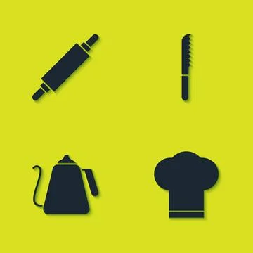 Set Rolling pin, Chef hat, Kettle with handle and Bread knife icon. Vector 스톡 일러스트