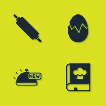 Set Rolling pin, Cookbook, Covered with tray of food and Broken egg icon. Vector Stock Illustration