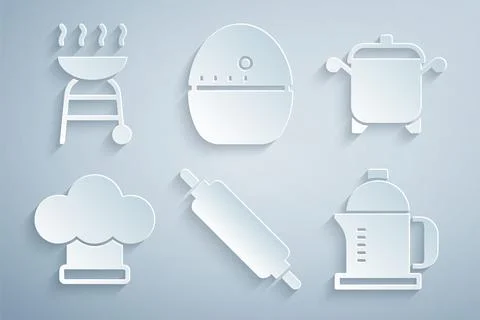 Set Rolling pin, Cooking pot, Chef hat, French press, Kitchen timer and Bar.. Stock Illustration
