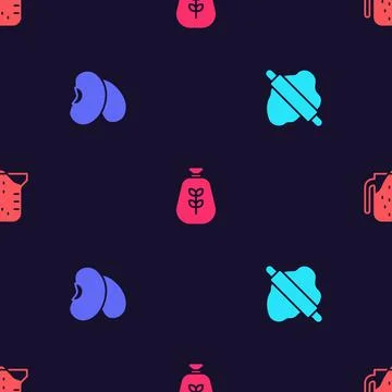 Set Rolling pin on dough, Beans, Bag of flour and Measuring cup on seamless イラスト素材