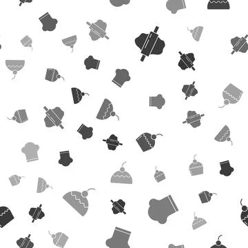 Set Rolling pin on dough, Chef hat, Cake and on seamless pattern. Vector Stock Illustration