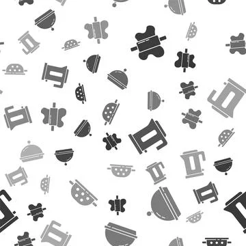 Set Rolling pin on dough, Covered with tray of food, Electric kettle and Kitchen Stock Illustration