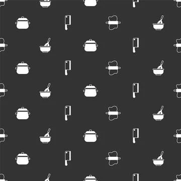 Set Rolling pin on dough, Kitchen whisk with bowl, Cooking pot and Meat chopper Stock Illustration