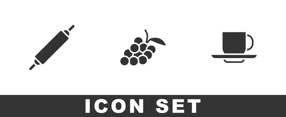 Set Rolling pin, Grape fruit and Coffee cup icon. Vector Stock Illustration