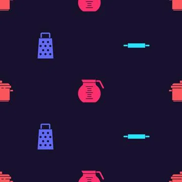 Set Rolling pin, Grater, Coffee pot and Cooking on seamless pattern. Vector Stock Illustration