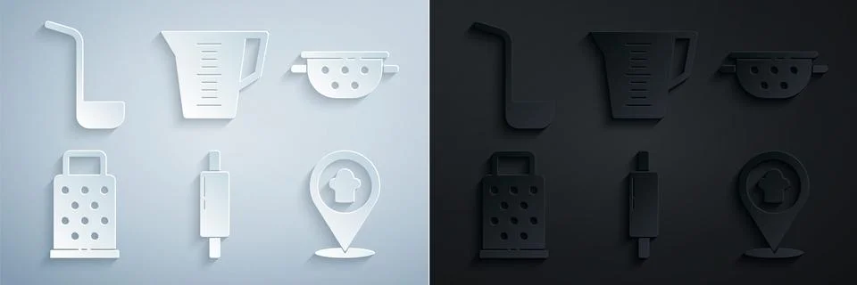 Set Rolling pin, Kitchen colander, Grater, Chef hat with location, Measuring cup Stock Illustration