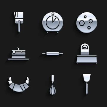 Set Rolling pin Kitchen whisk Spatula Scales Croissant Stack of pancakes Cook Stock Illustration