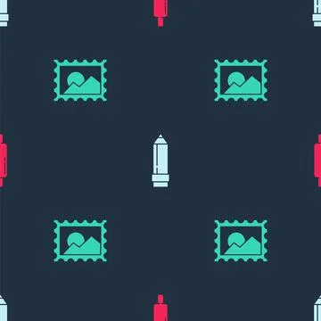 Set Rolling pin, Pencil with eraser and Postal stamp on seamless pattern. Vector 库存插图