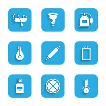 Set Rolling pin, Pizza, knife, Picture, Perfume, Mandolin, and Gondola icon Stock Illustration