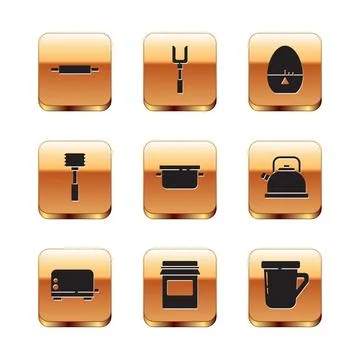 Set Rolling pin, Toaster, Jam jar, Cooking pot, Kitchen hammer, timer, Coffee Illustrazione stock