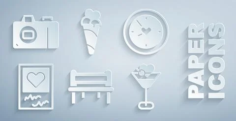Set Romantic bench, Clock with heart, Photo frames and hearts, Martini glass 스톡 일러스트