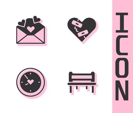Set Romantic bench, Envelope with Valentine heart, Clock and Healed broken ic Stock Illustration
