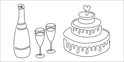 Set of romantic elements. Line art style Stock Illustration