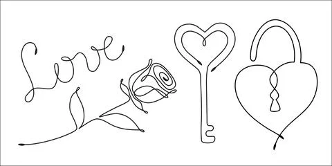 Set of romantic elements. Line art style Stock Illustration