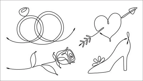 Set of romantic elements. Line art style Stock Illustration